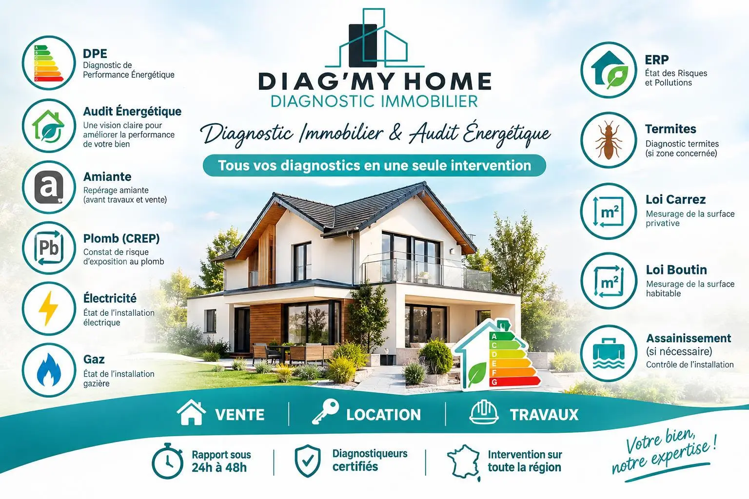 DPE, audit énergétique, amiante, plomb, électricité, gaz, ERP, termites, loi Carrez, loi Boutin et assainissement proposés par Diag' My Home